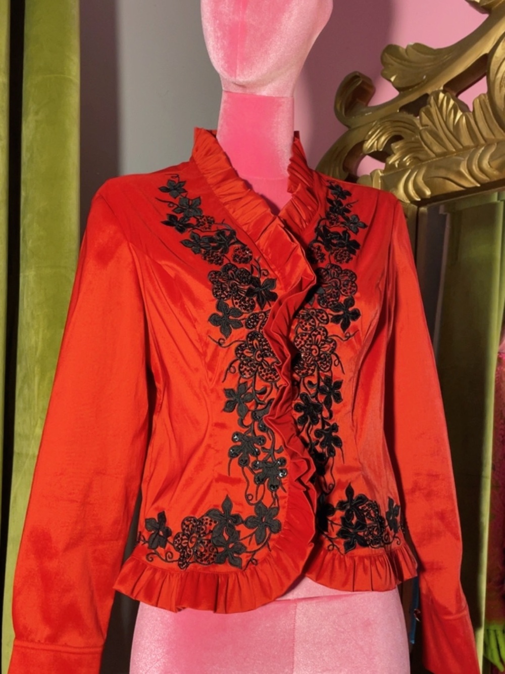 Red Ruffle-Trim Embroidered Women's Blazer - Picture 3 of 5